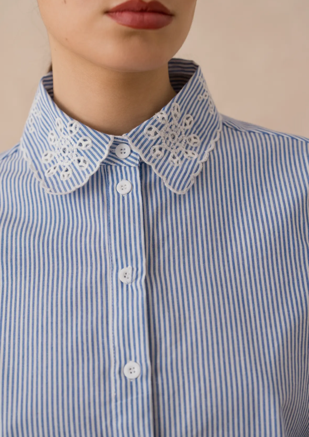 Striped Cropped Cotton Shirt With Lace