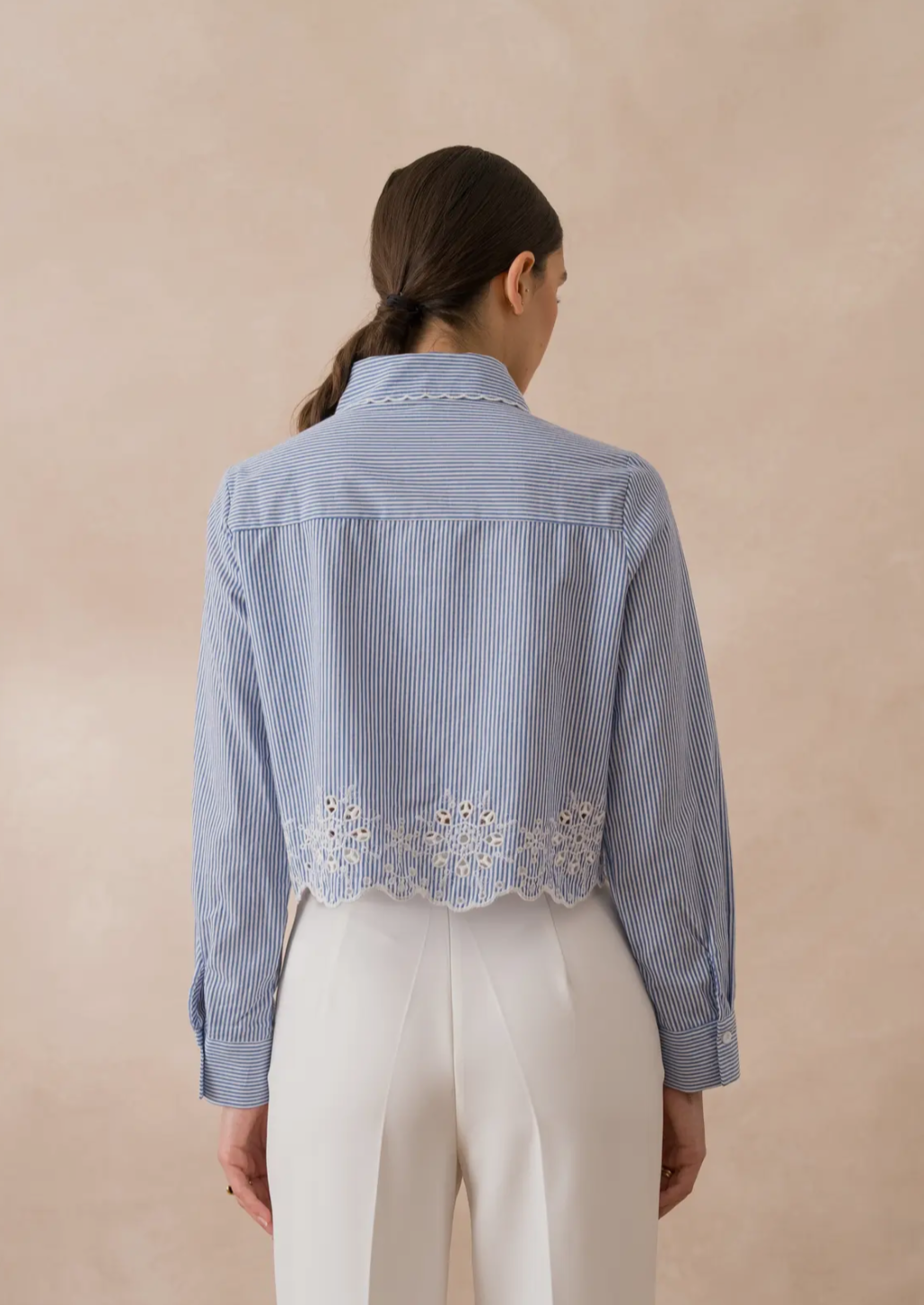 Striped Cropped Cotton Shirt With Lace