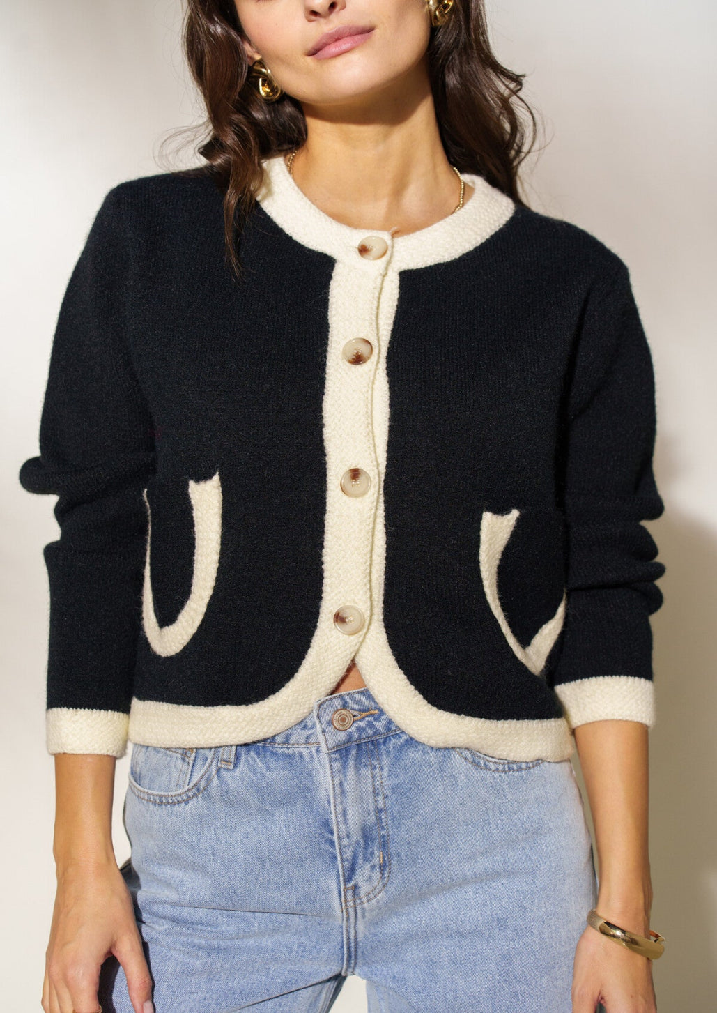 Black Contrast Pocket Cardigan