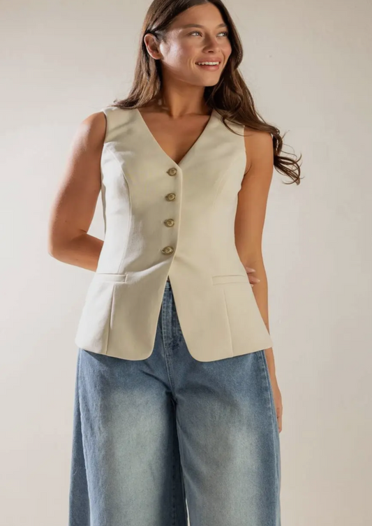 A Solid Woven Cream Vest