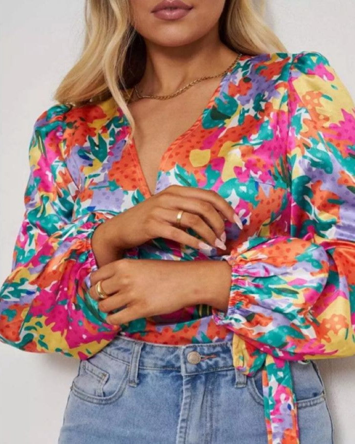 Multi Coloured Heart Floral Print Satin Wrap Top