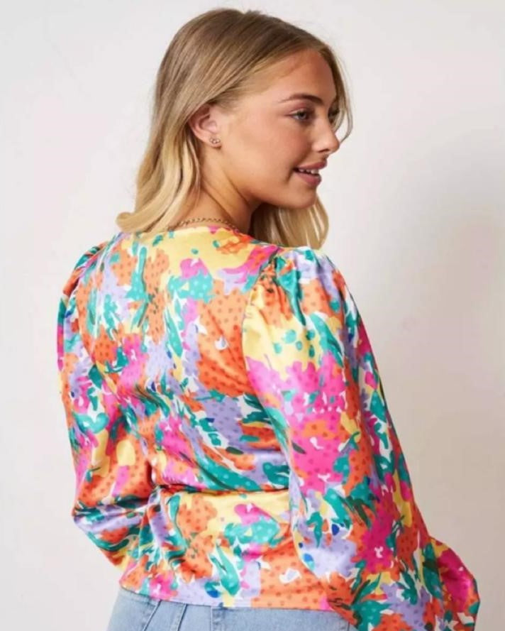 Multi Coloured Heart Floral Print Satin Wrap Top