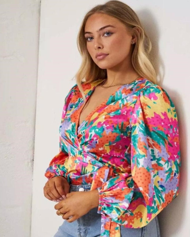 Multi Coloured Heart Floral Print Satin Wrap Top