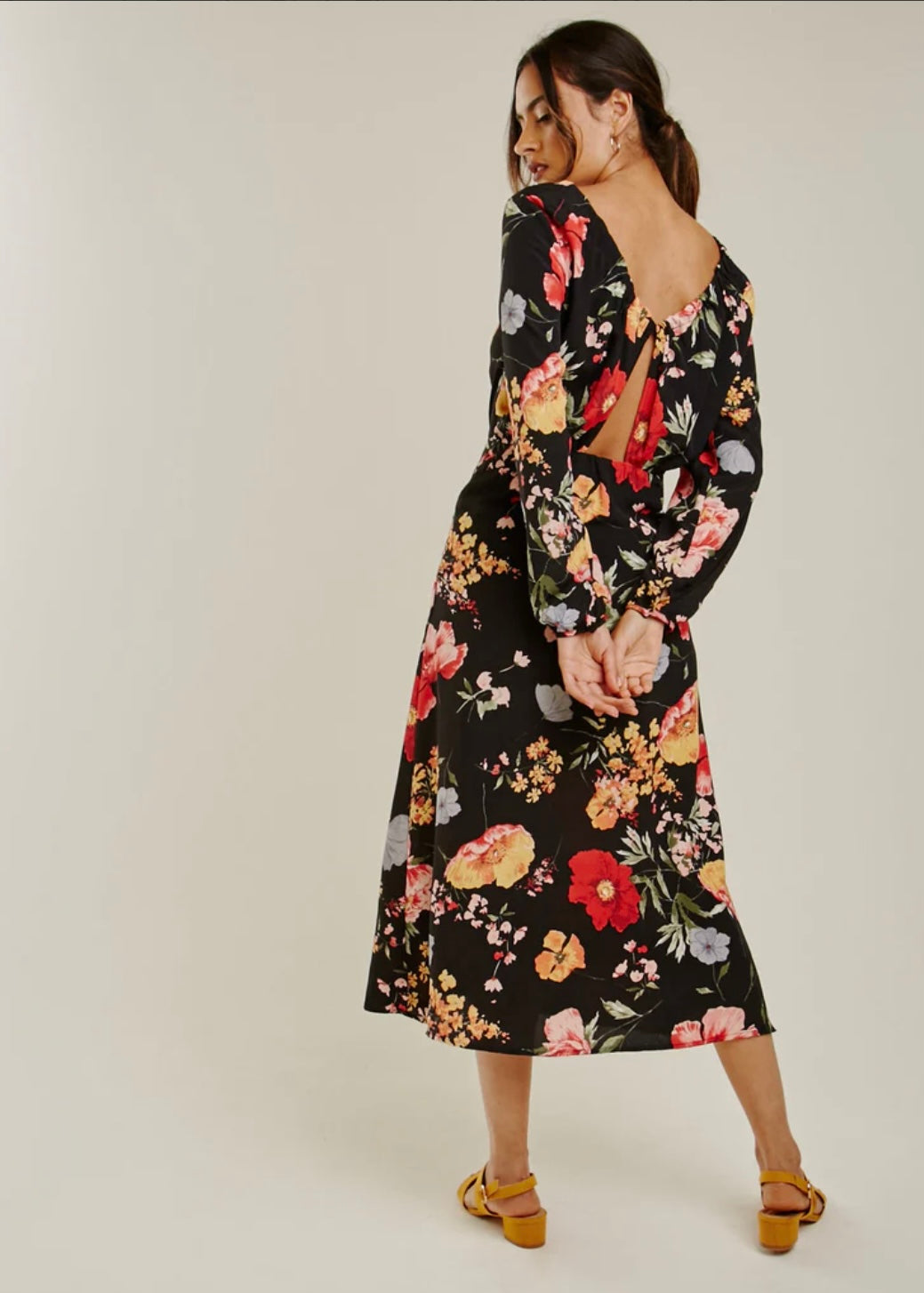 Black Floral Chiffon Midi Dress