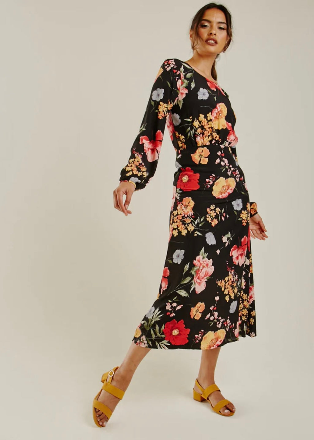 Black Floral Chiffon Midi Dress